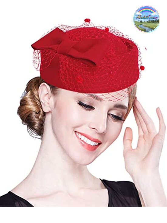 Wool Felt Pillbox Hat with Veil, Flower - Derby Fascinator for Women - Church, main image 5